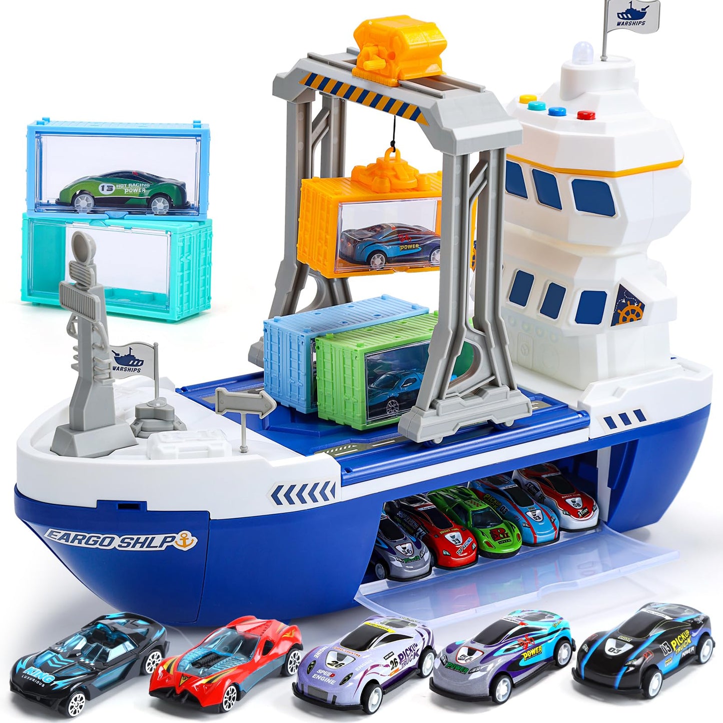 CUTE STONE Cargo Ship Toy with Gantry Crane, Lights & Sounds | Indoor Playset