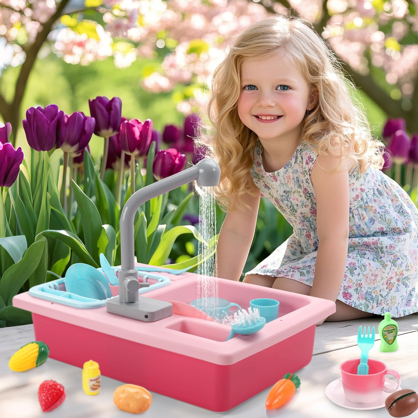 CUTE STONE Color Changing Play Kitchen Sink Toys with Real Faucet & Running Water