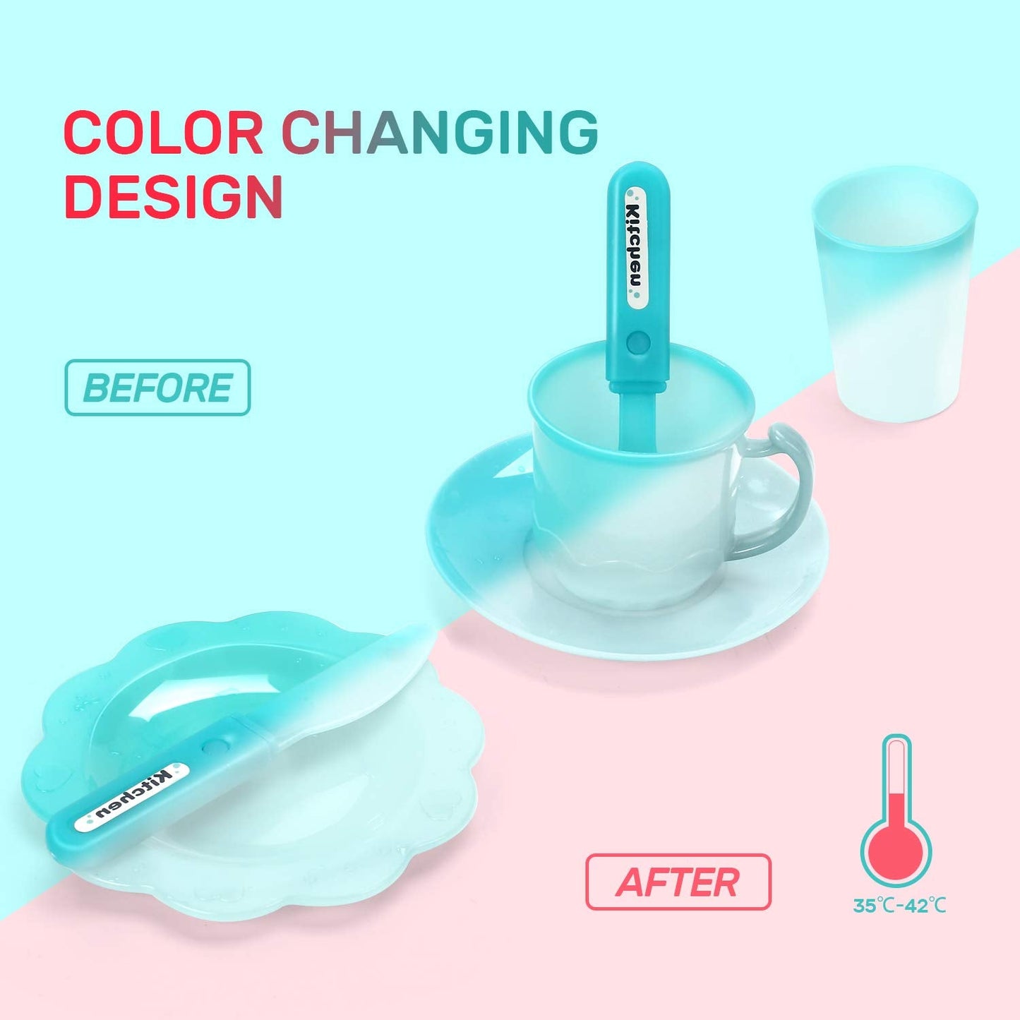 CUTE STONE Play Kitchen Sink Toy Set with Real Faucet – Color Changing Dishes, Stove & Cookware for Kids