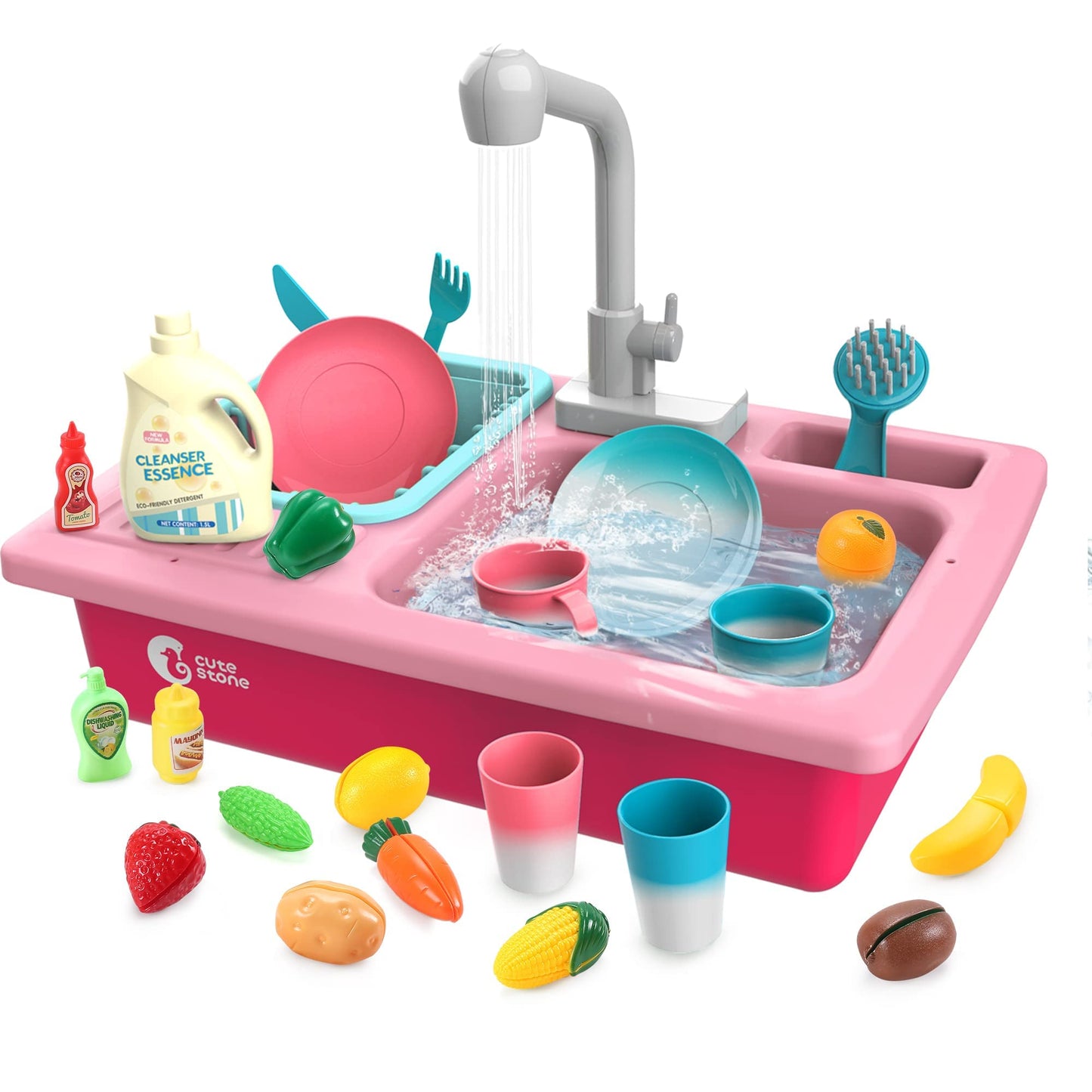 CUTE STONE Color Changing Play Kitchen Sink Toys with Real Faucet & Running Water