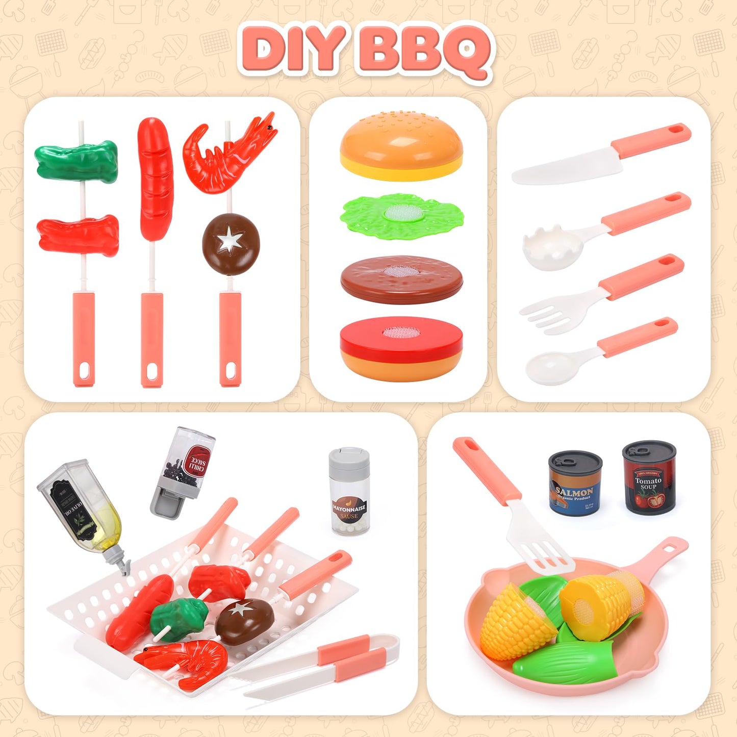 CUTE STONE BBQ Grill Toys for Kids – Color-Changing Food, Mist Spray & Sizzling Lights on Wheels