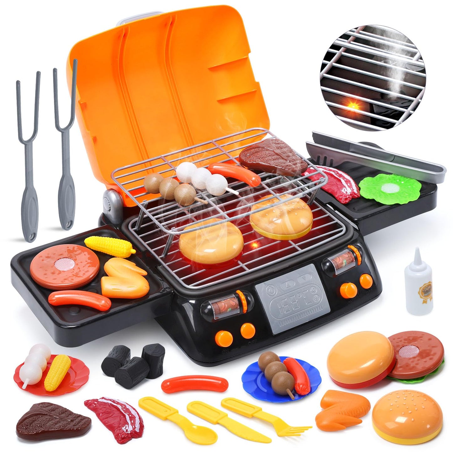 CUTE STONE Cooking Toy BBQ Set – 2-Layer Grill with Play Food, Sound & Light