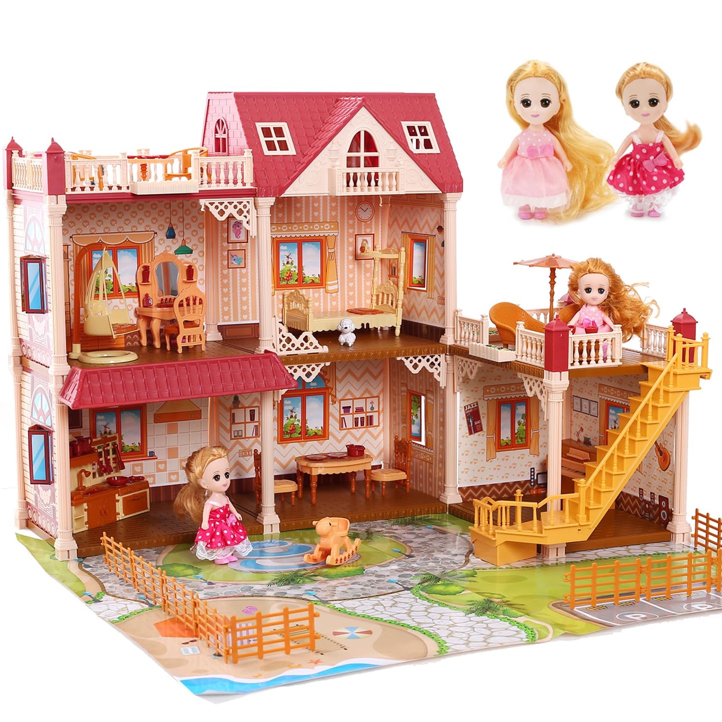 CUTE STONE Doll House for Girls – DIY 5-Room Playset with Furniture & Accessories