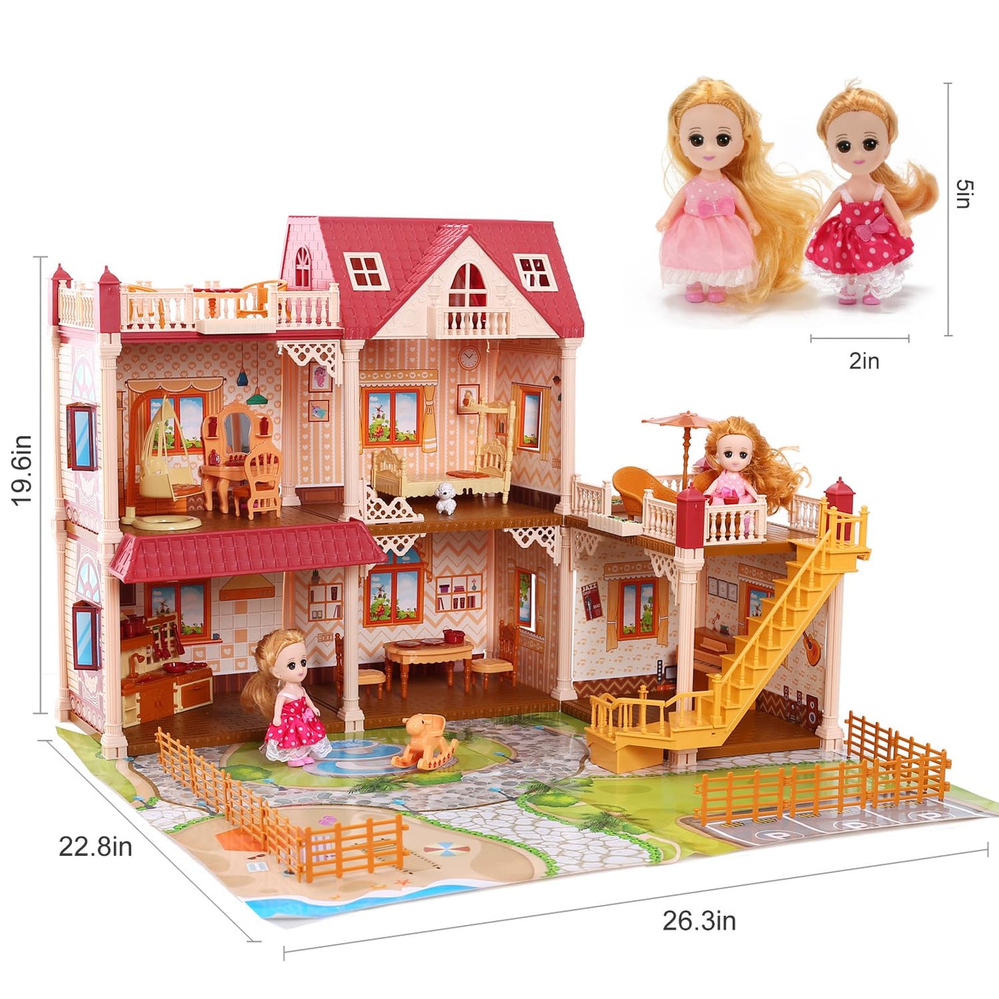 CUTE STONE Doll House for Girls – DIY 5-Room Playset with Furniture & Accessories