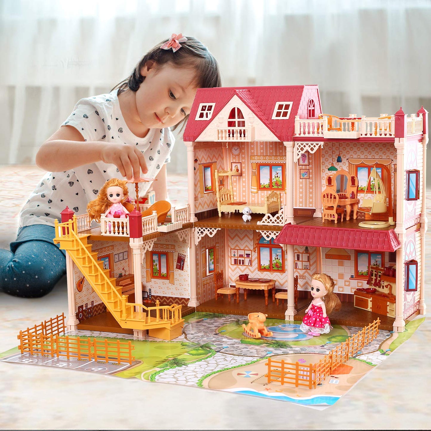 CUTE STONE Doll House for Girls – DIY 5-Room Playset with Furniture & Accessories