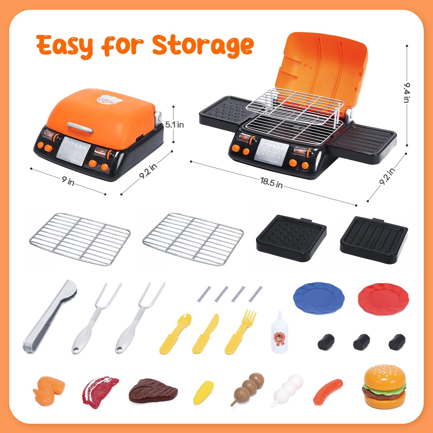 CUTE STONE Cooking Toy BBQ Set – 2-Layer Grill with Play Food, Sound & Light