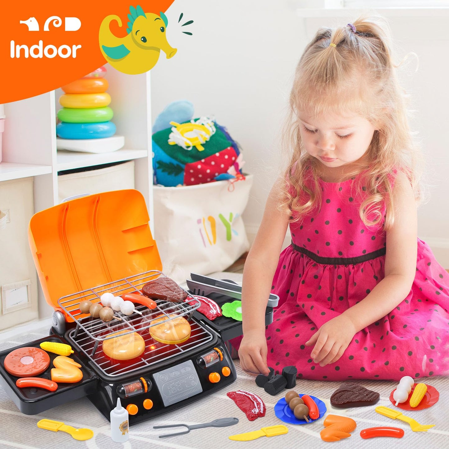 CUTE STONE Cooking Toy BBQ Set – 2-Layer Grill with Play Food, Sound & Light