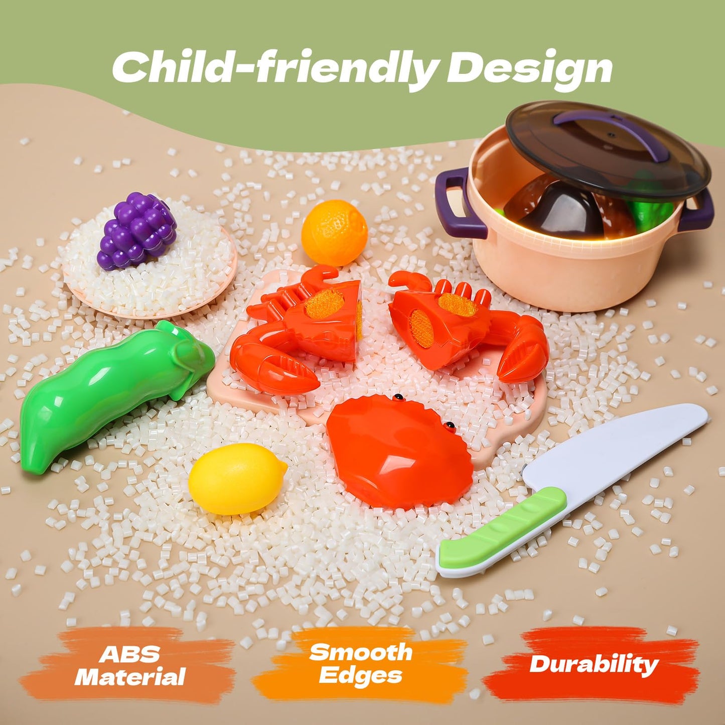 CUTE STONE 51-Piece Mini Play Kitchen Accessories for Kids | Pretend Cooking Set with Pots, Pans, Utensils & Fruits