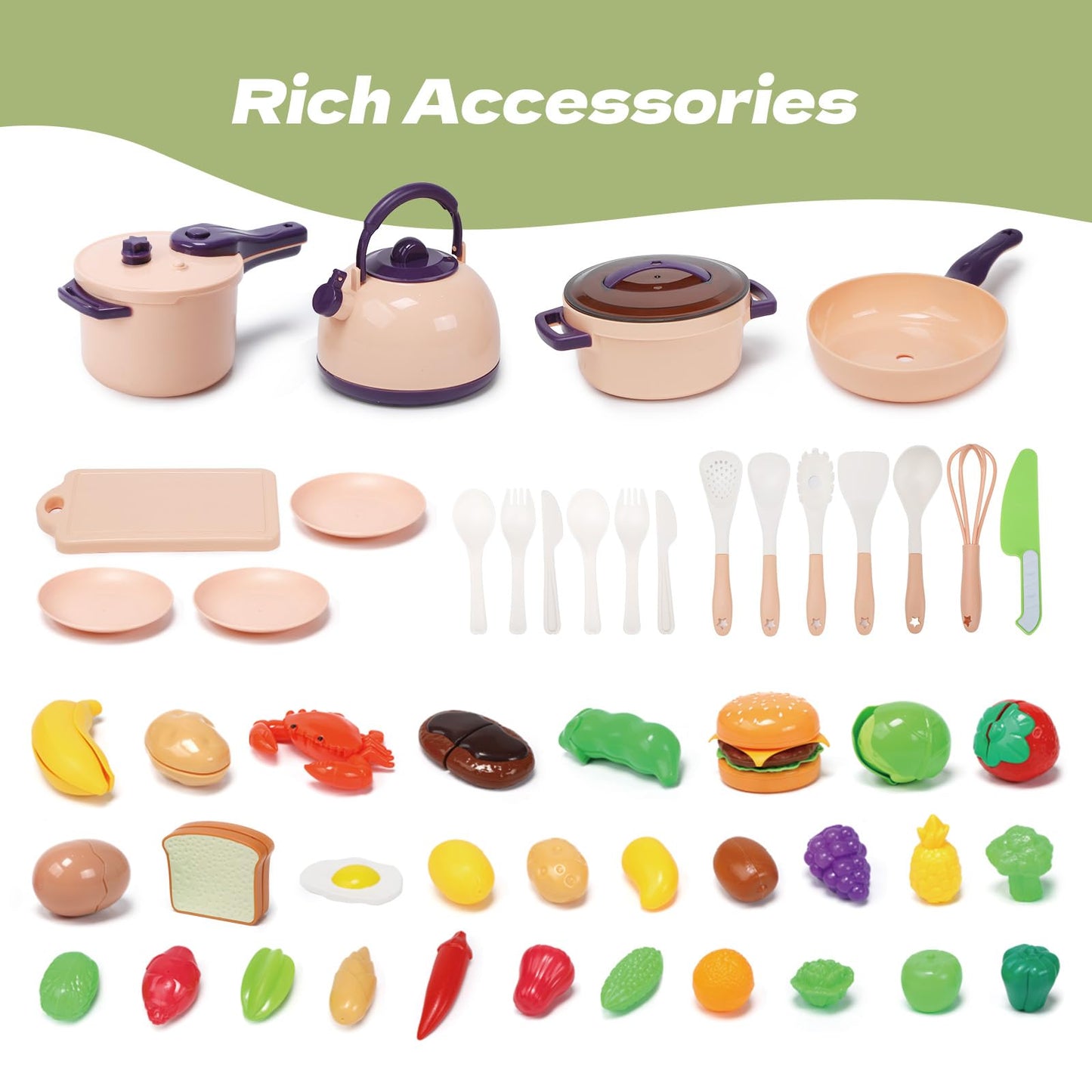 CUTE STONE 51-Piece Mini Play Kitchen Accessories for Kids | Pretend Cooking Set with Pots, Pans, Utensils & Fruits