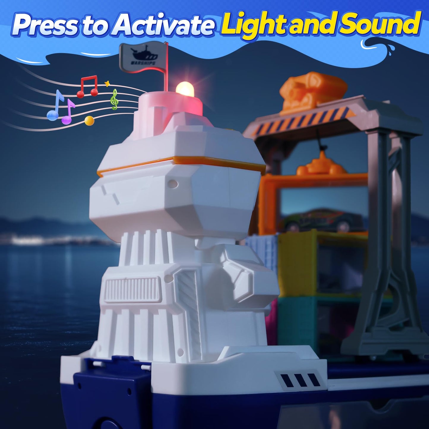 CUTE STONE Cargo Ship Toy with Gantry Crane, Lights & Sounds | Indoor Playset