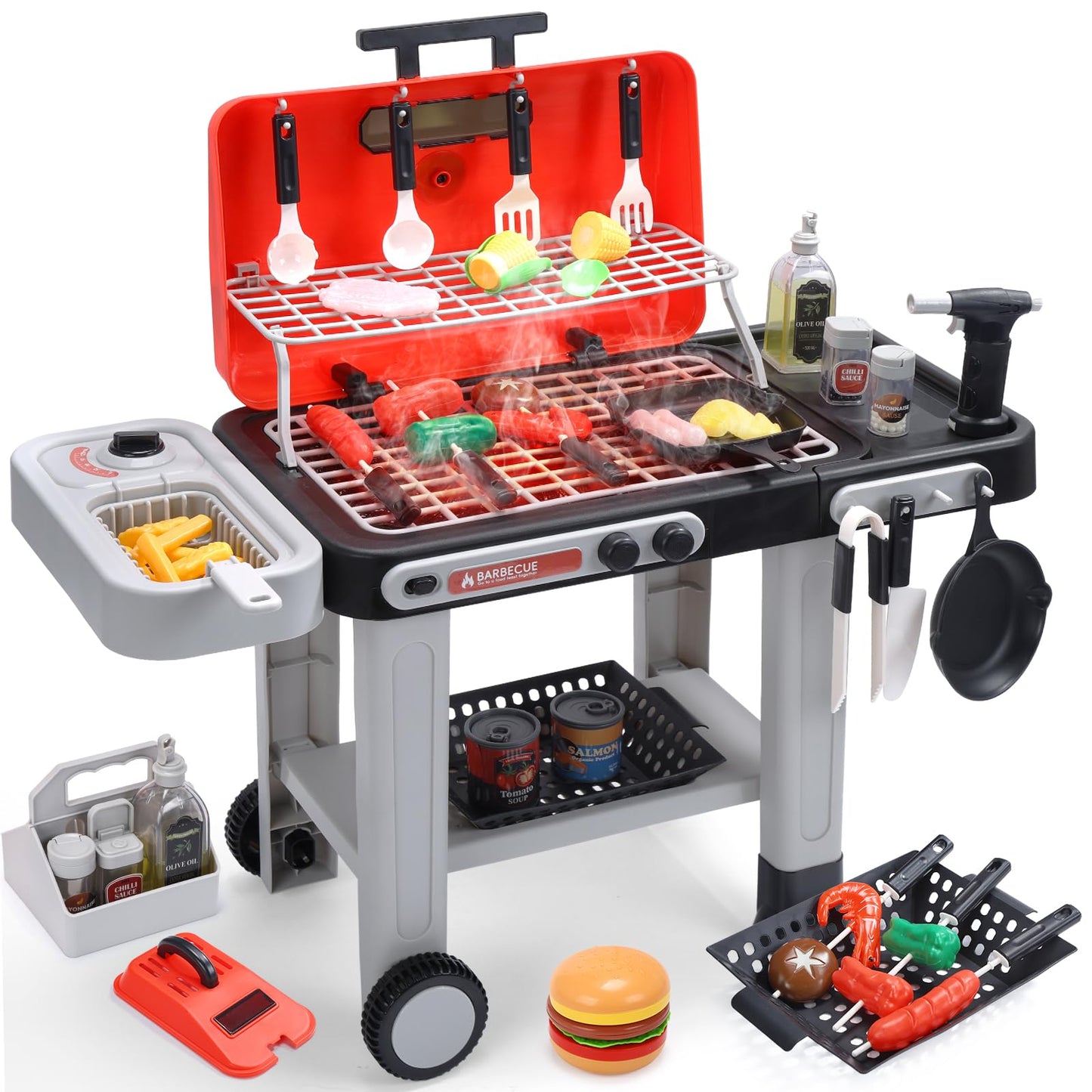 CUTE STONE Kids BBQ Grill Toy – Color-Changing Food, Mist Spray & Sizzling Sounds on a 2-Tier Wheel Grill
