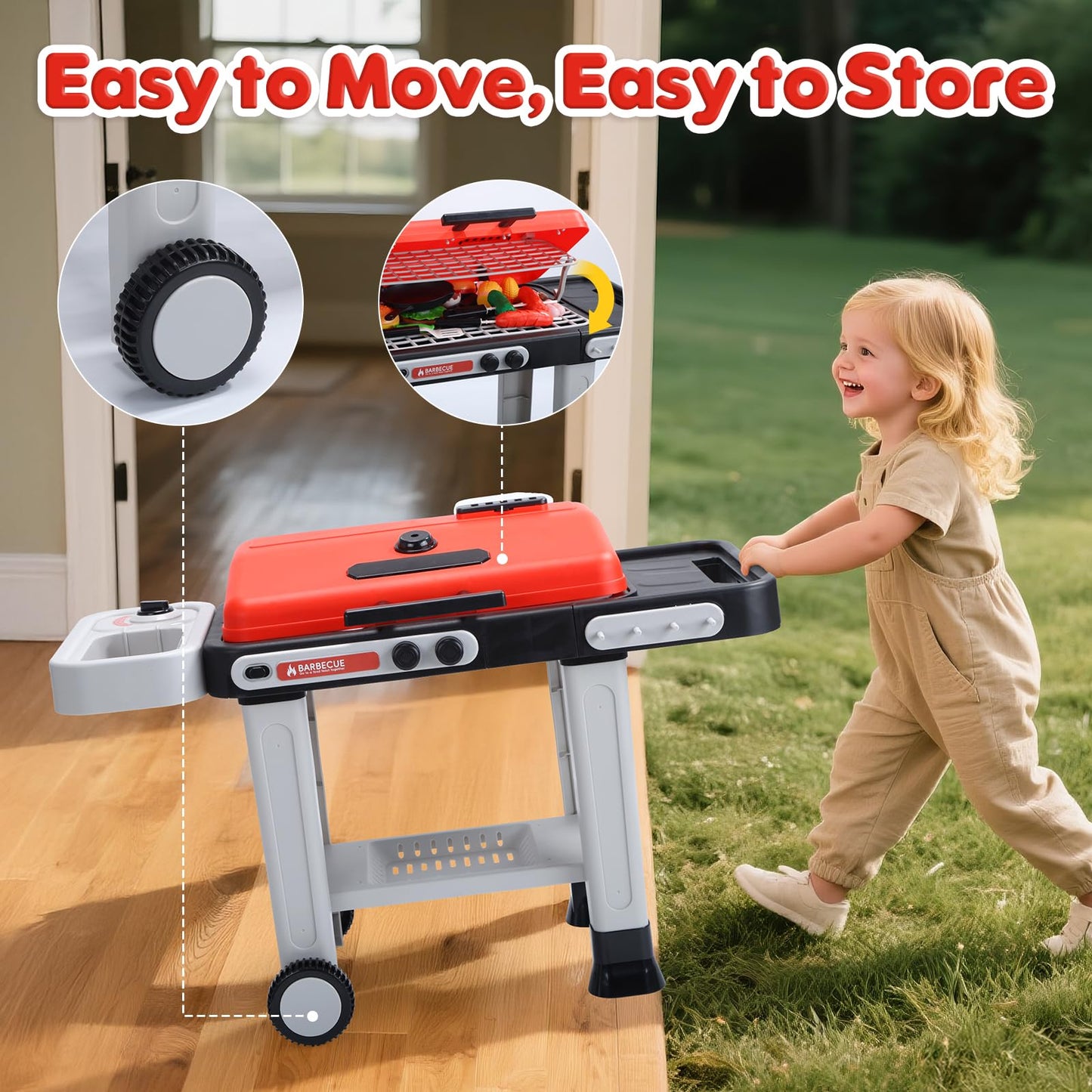 CUTE STONE Kids BBQ Grill Toy – Color-Changing Food, Mist Spray & Sizzling Sounds on a 2-Tier Wheel Grill
