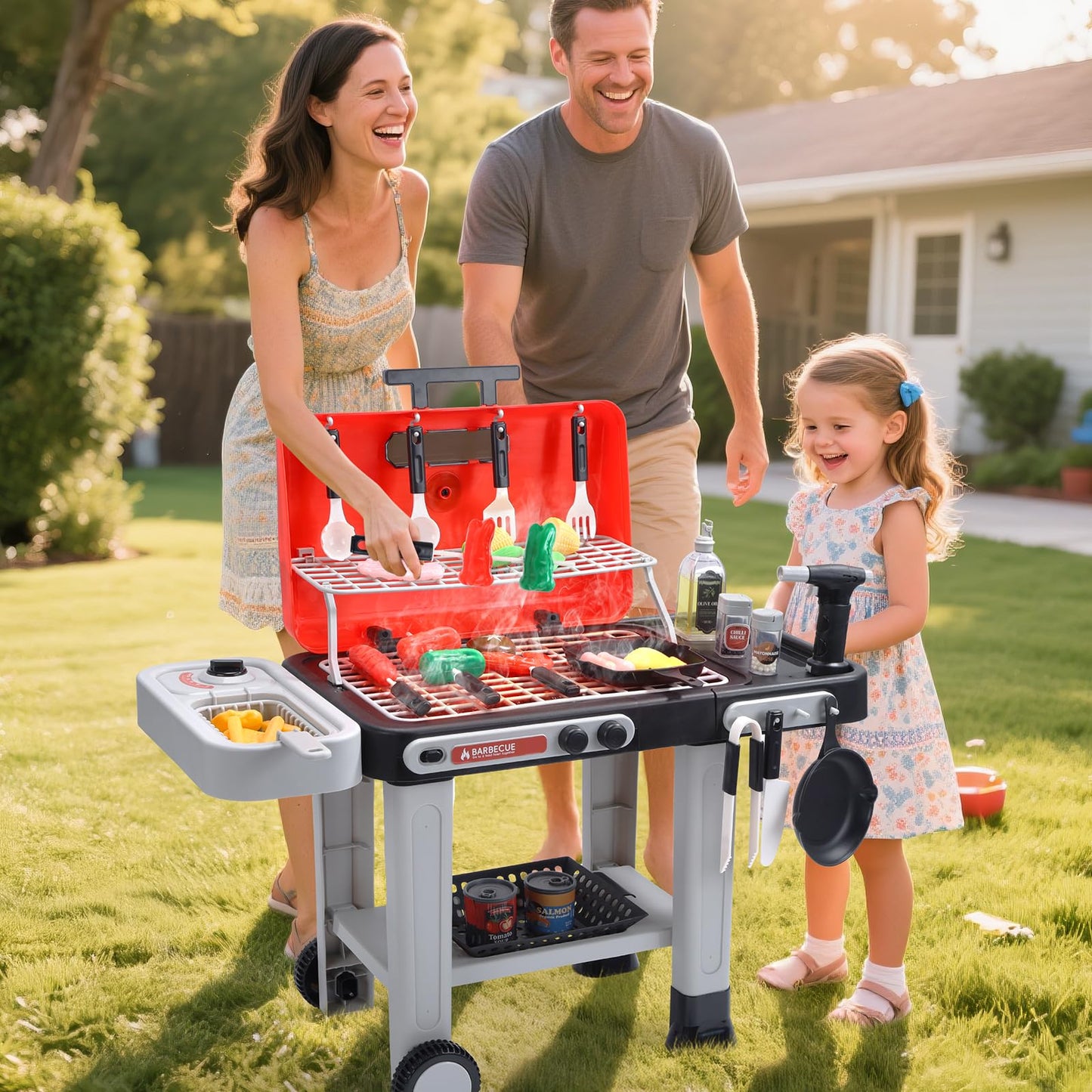 CUTE STONE Kids BBQ Grill Toy – Color-Changing Food, Mist Spray & Sizzling Sounds on a 2-Tier Wheel Grill