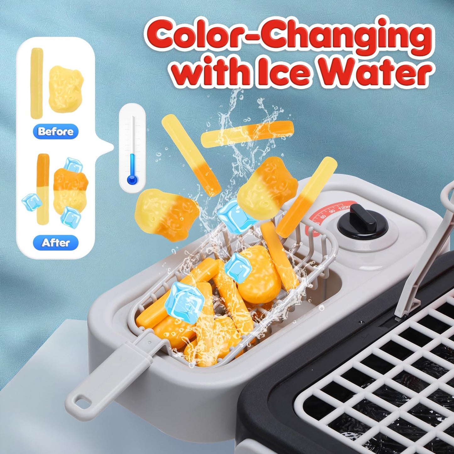 CUTE STONE Kids BBQ Grill Toy – Color-Changing Food, Mist Spray & Sizzling Sounds on a 2-Tier Wheel Grill