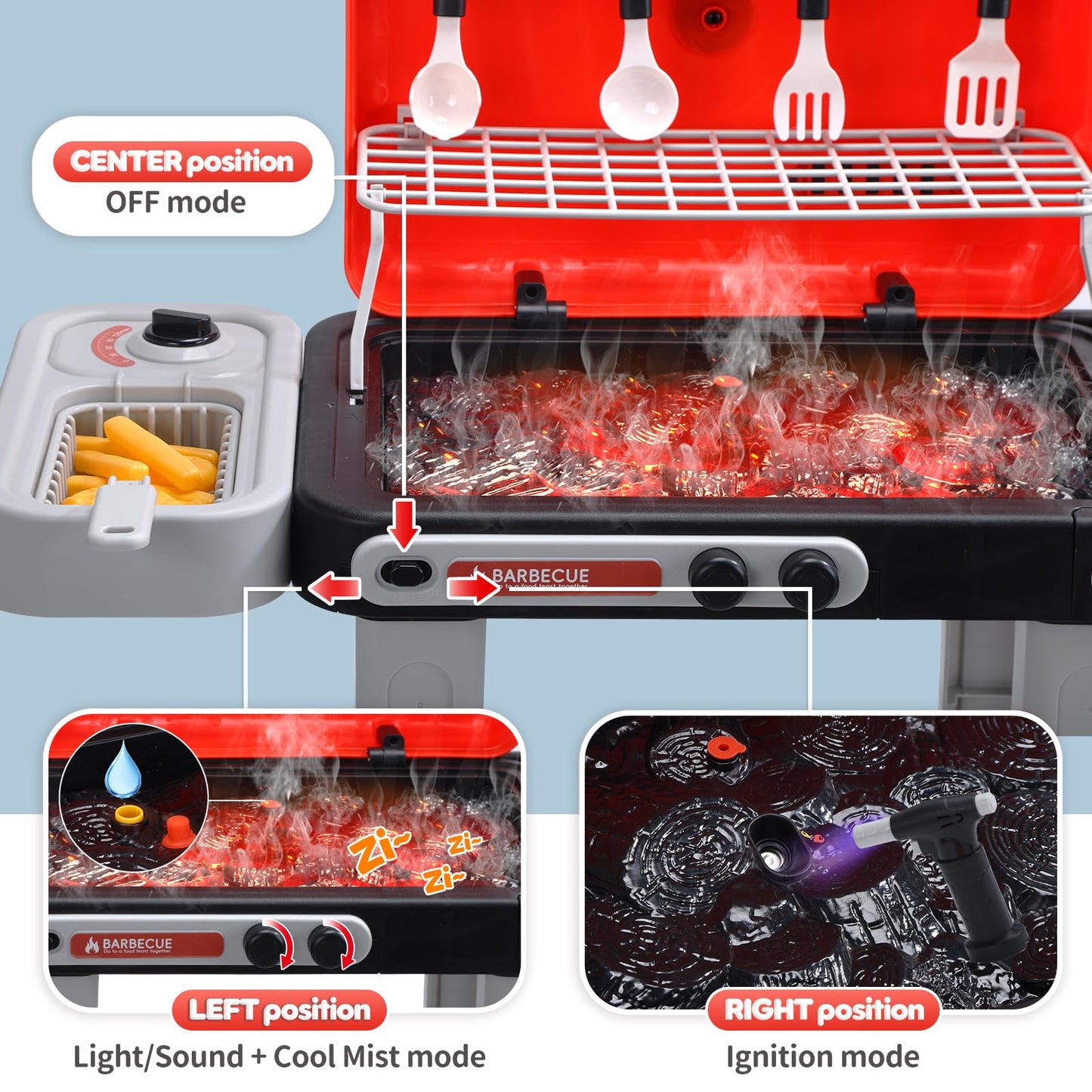 CUTE STONE Kids BBQ Grill Toy – Color-Changing Food, Mist Spray & Sizzling Sounds on a 2-Tier Wheel Grill