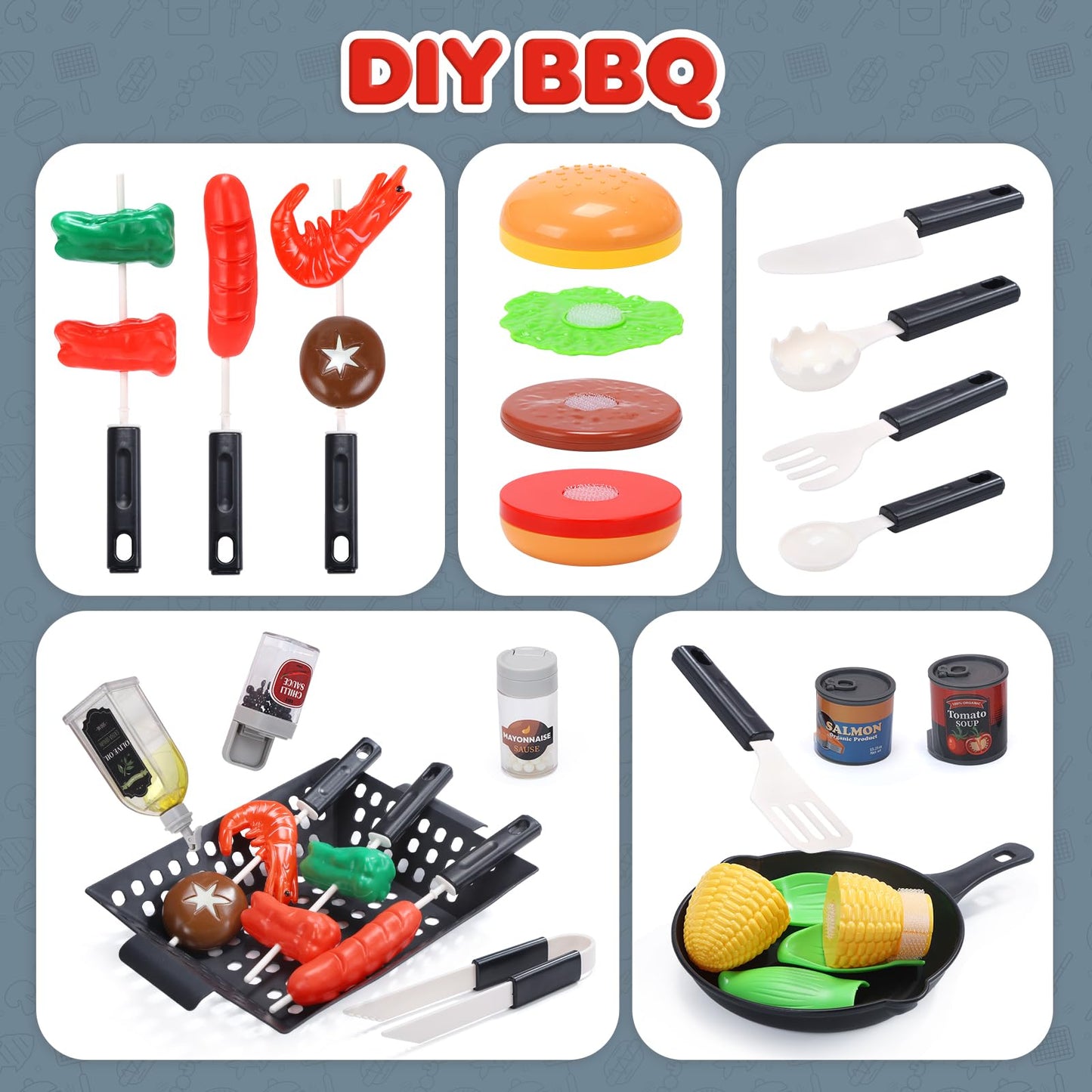 CUTE STONE Kids BBQ Grill Toy – Color-Changing Food, Mist Spray & Sizzling Sounds on a 2-Tier Wheel Grill