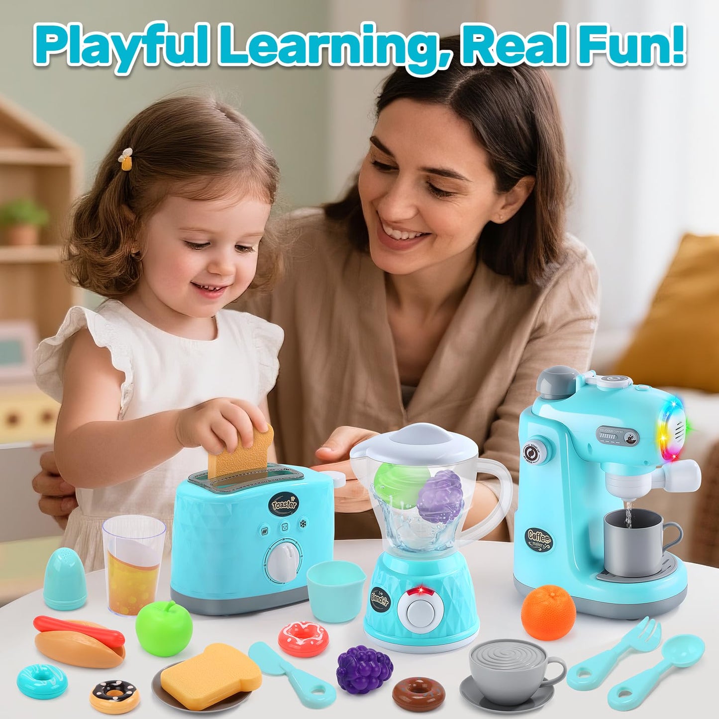CUTE STONE Kids Kitchen Playset: Realistic Coffee Maker, Blender & Toaster