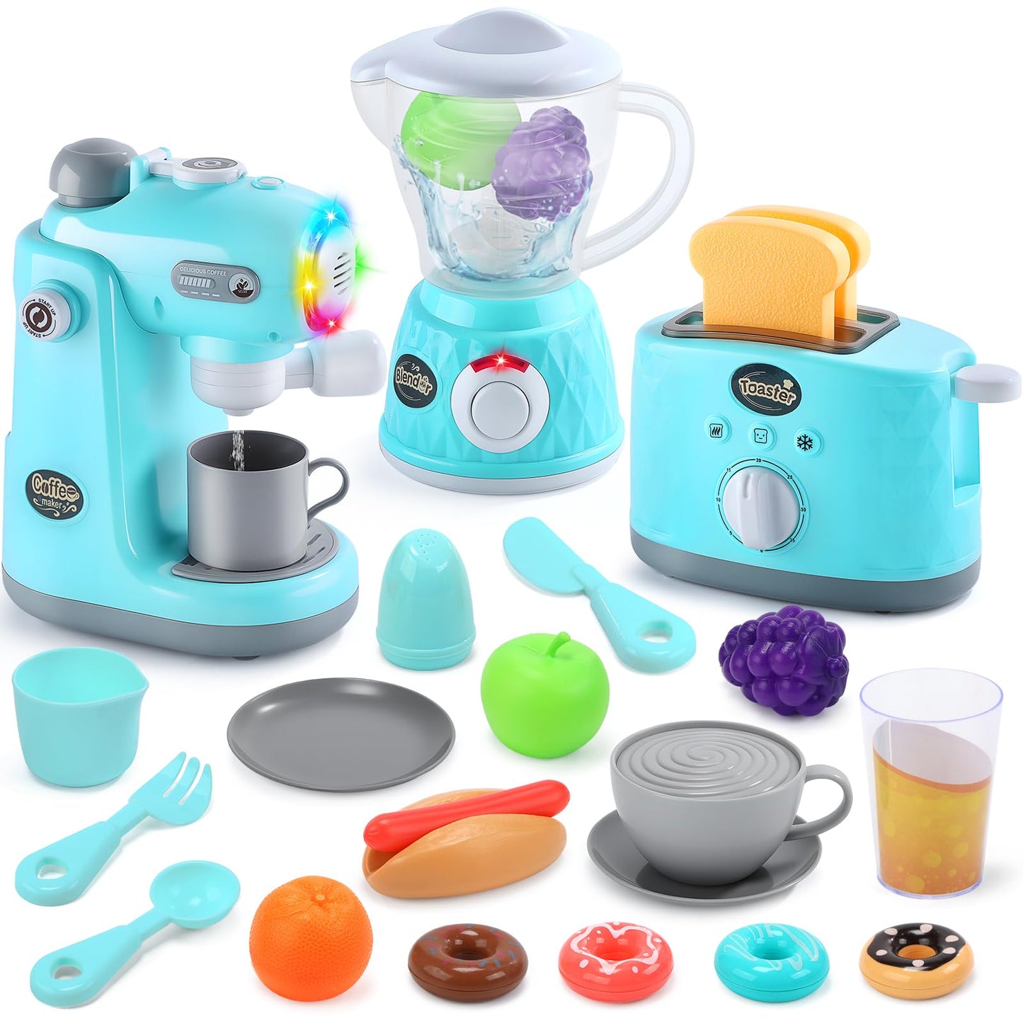 CUTE STONE Kids Kitchen Playset: Realistic Coffee Maker, Blender & Toaster