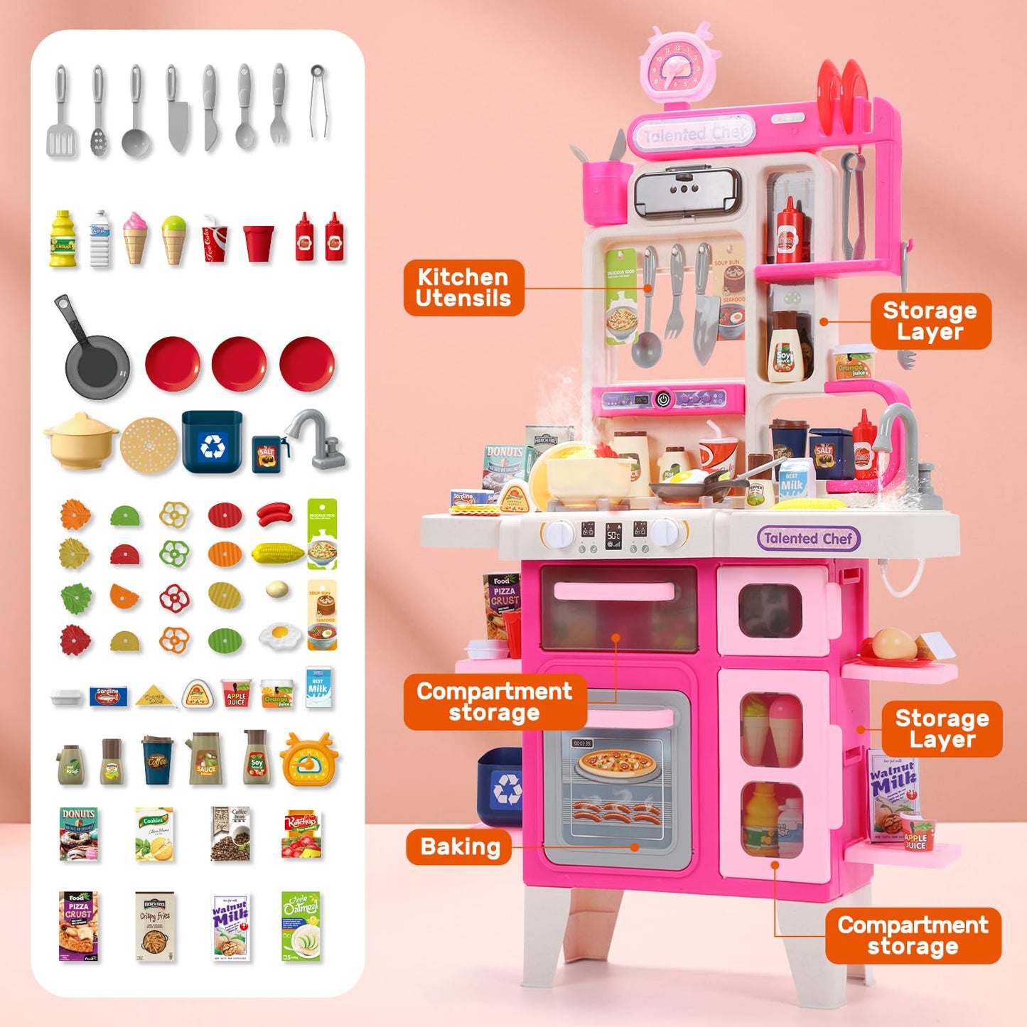 CUTE STONE Kids Kitchen Playset – Interactive Stove, Sink & Accessories (Pink)