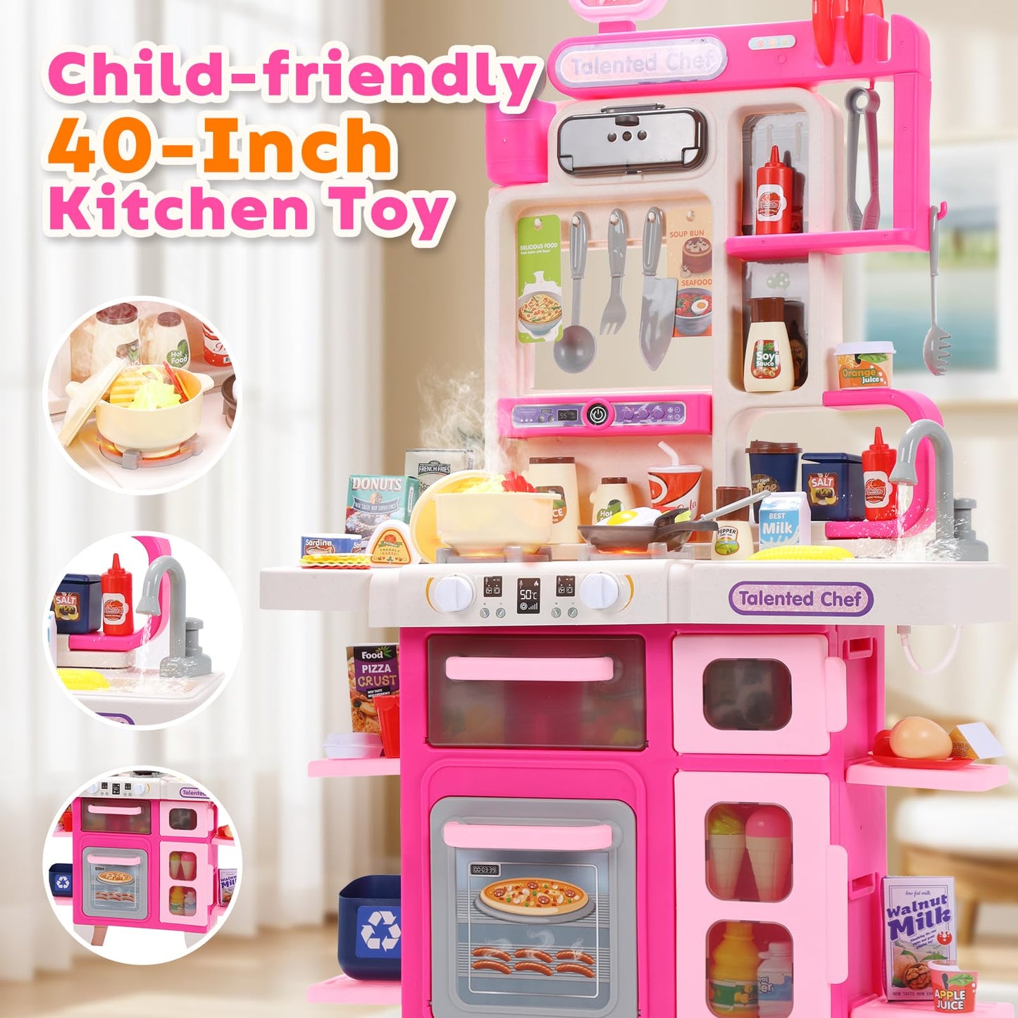 CUTE STONE Kids Kitchen Playset – Interactive Stove, Sink & Accessories (Pink)