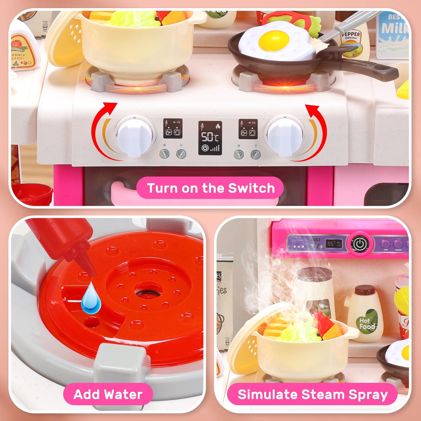 CUTE STONE Kids Kitchen Playset – Interactive Stove, Sink & Accessories (Pink)
