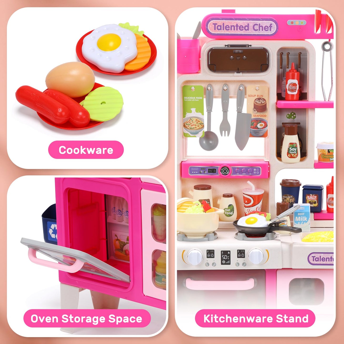 CUTE STONE Kids Kitchen Playset – Interactive Stove, Sink & Accessories (Pink)