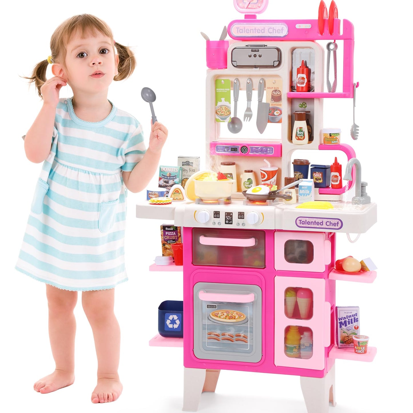 CUTE STONE Kids Kitchen Playset – Interactive Stove, Sink & Accessories (Pink)