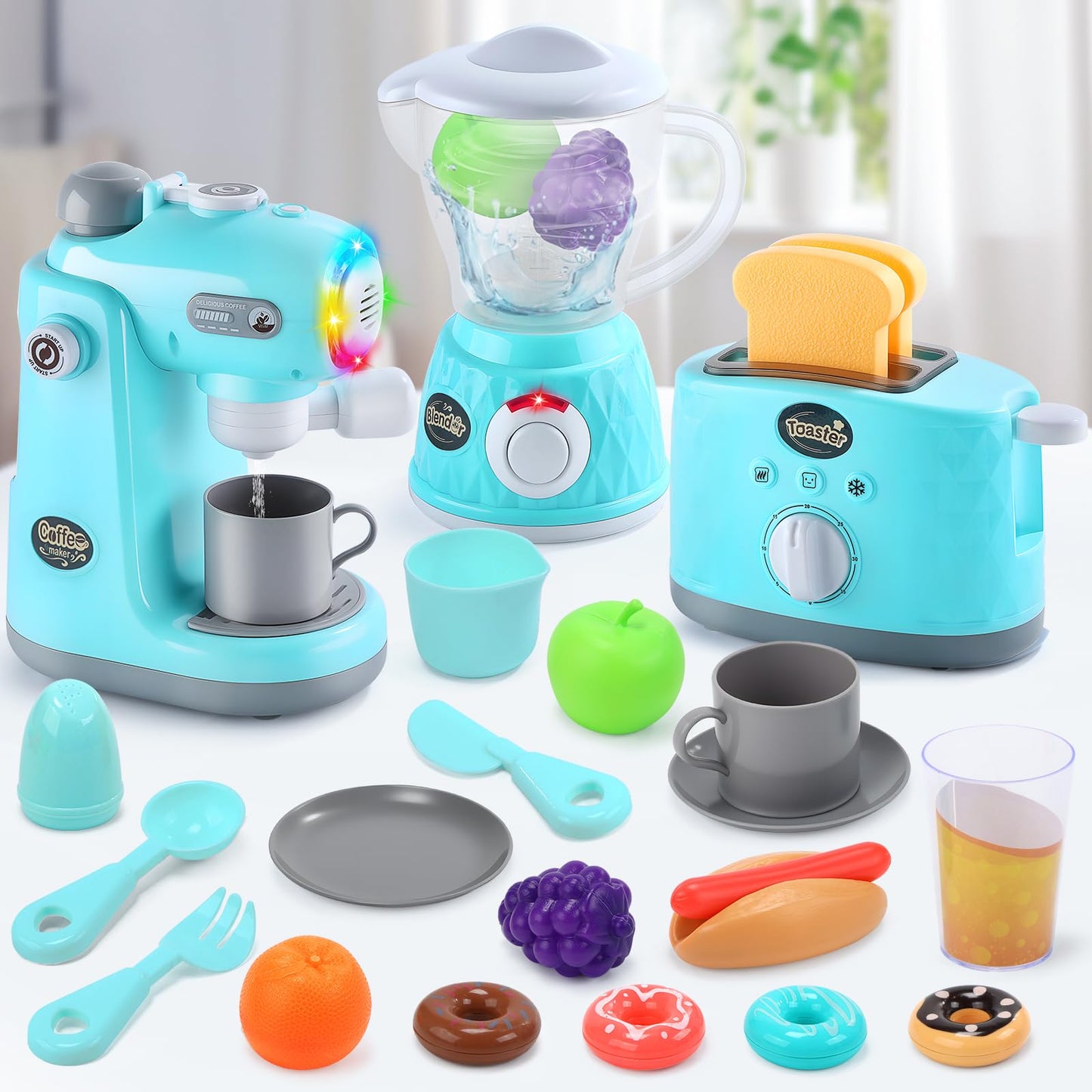 CUTE STONE Kids Kitchen Playset: Realistic Coffee Maker, Blender & Toaster