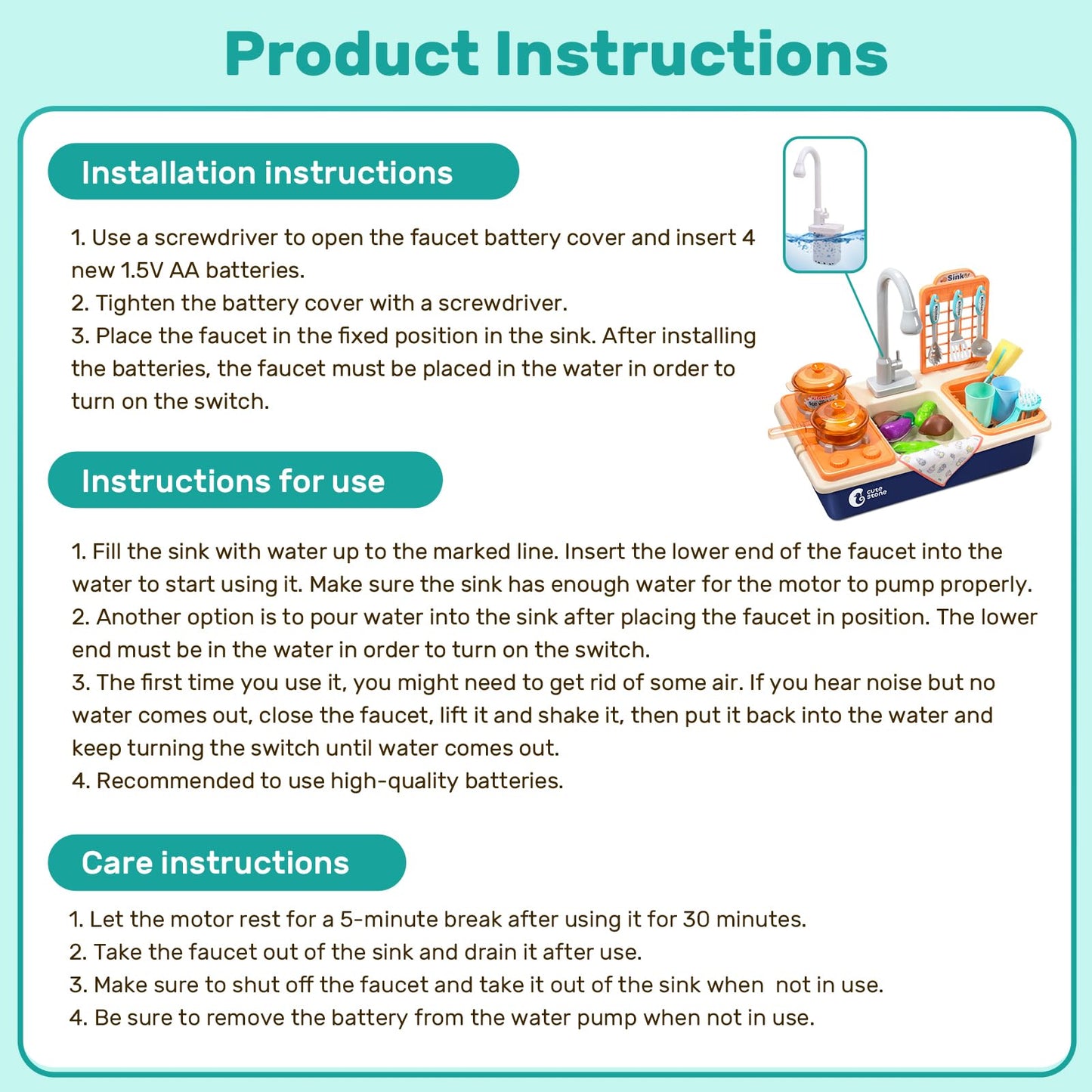 CUTE STONE Pretend Play Kitchen Sink Toys with Light & Sound Stove – Pot, Pan, and Accessories
