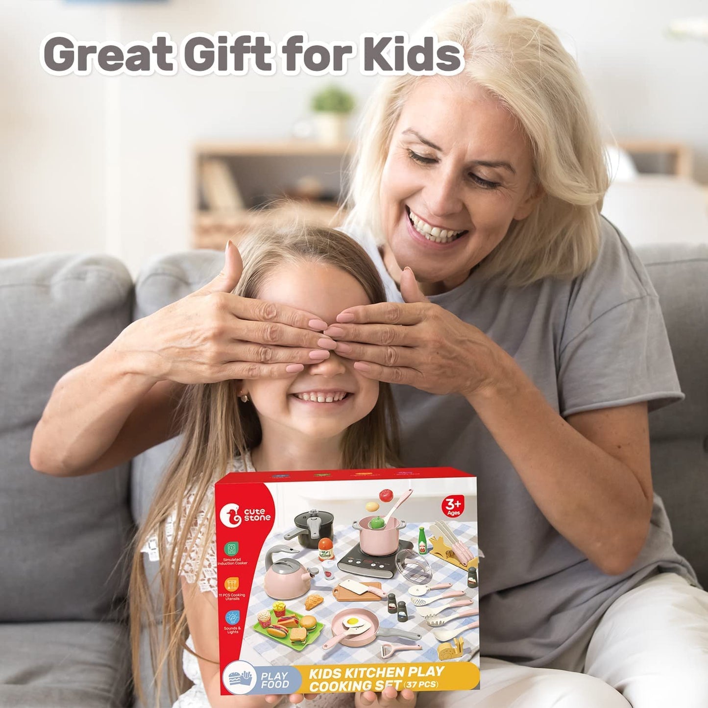CUTE STONE Play Kitchen Accessories Set – 37-Piece Kids Cooking Toys with Induction Cooktop