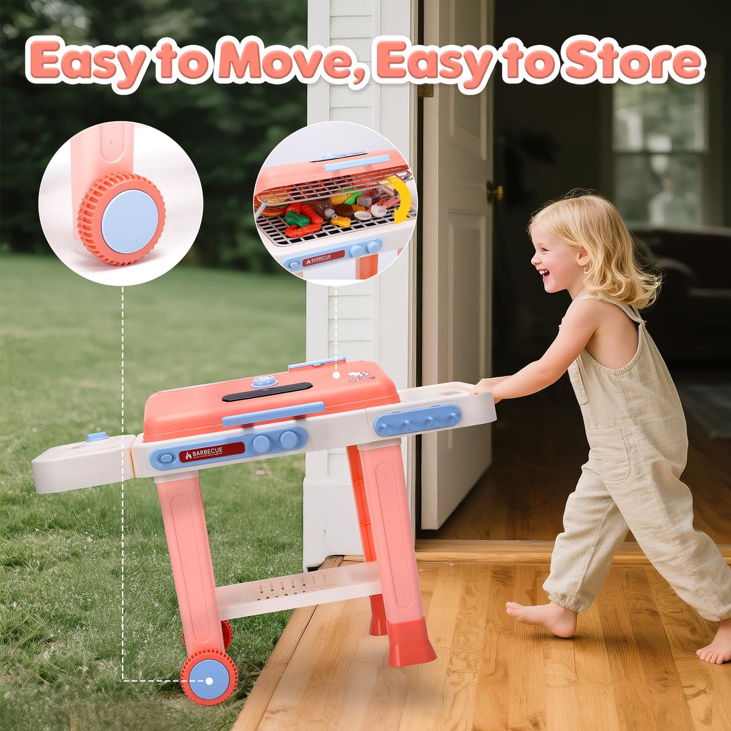 CUTE STONE BBQ Grill Toys for Kids – Color-Changing Food, Mist Spray & Sizzling Lights on Wheels