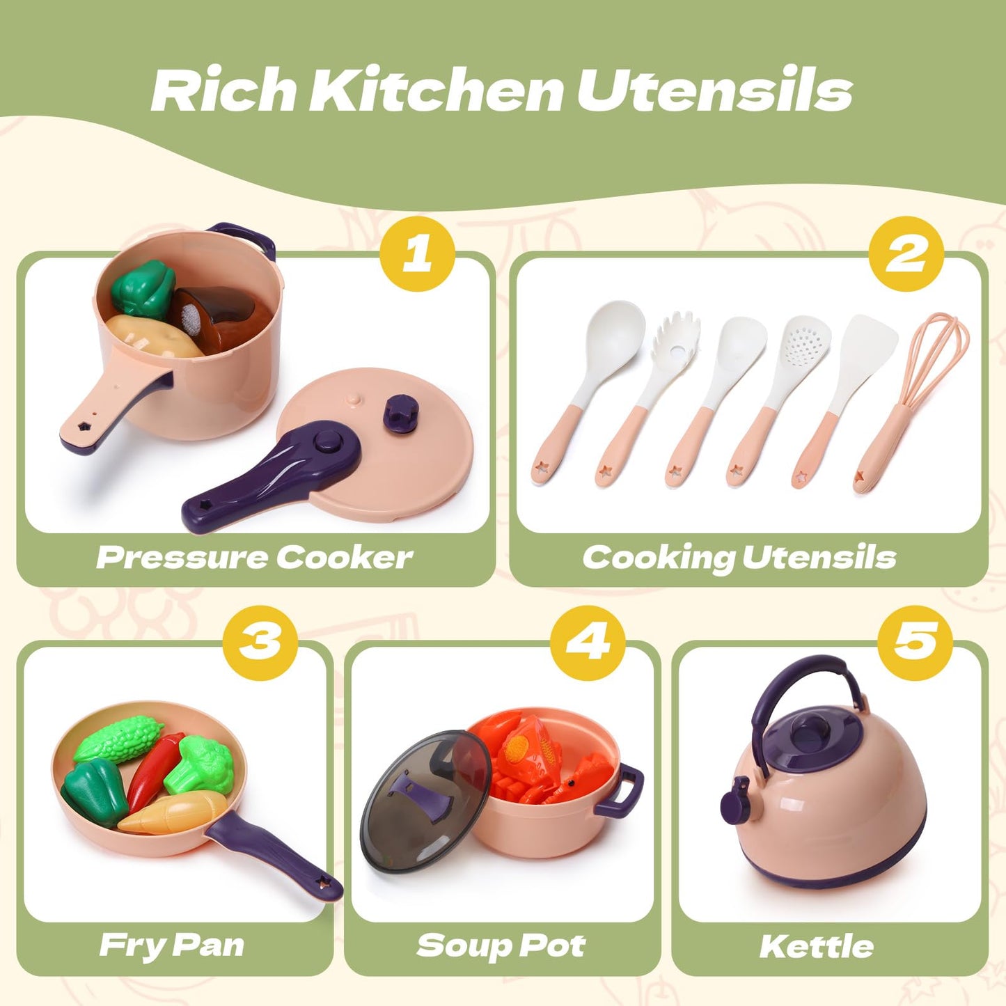 CUTE STONE 51-Piece Mini Play Kitchen Accessories for Kids | Pretend Cooking Set with Pots, Pans, Utensils & Fruits