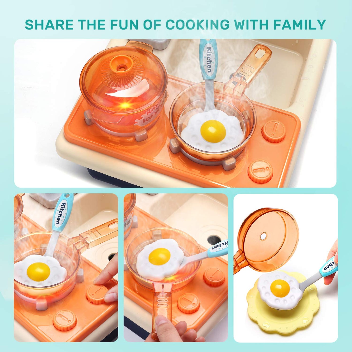 CUTE STONE Pretend Play Kitchen Sink Toys with Light & Sound Stove – Pot, Pan, and Accessories