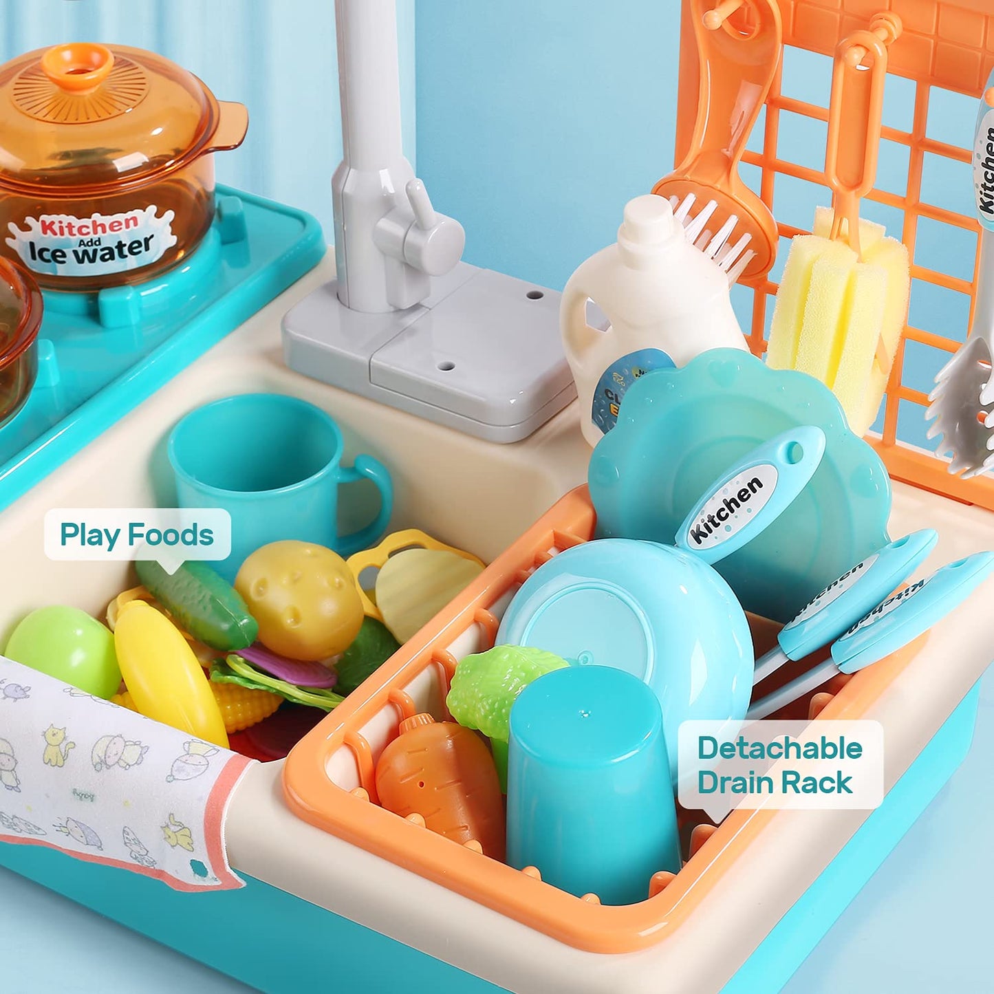 CUTE STONE Play Kitchen Sink Toy Set with Real Faucet – Color Changing Dishes, Stove & Cookware for Kids