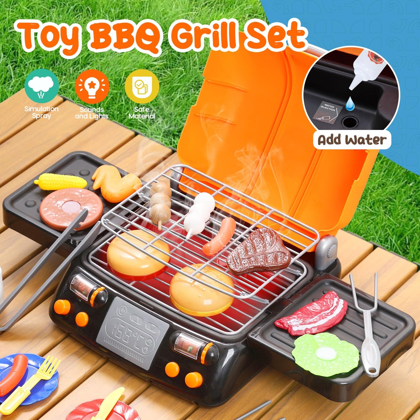 CUTE STONE Cooking Toy BBQ Set – 2-Layer Grill with Play Food, Sound & Light