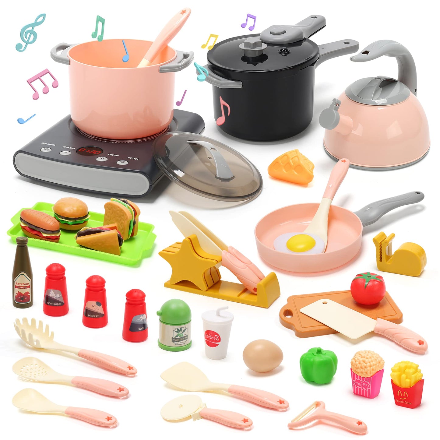 CUTE STONE Play Kitchen Accessories Set – 37-Piece Kids Cooking Toys with Induction Cooktop