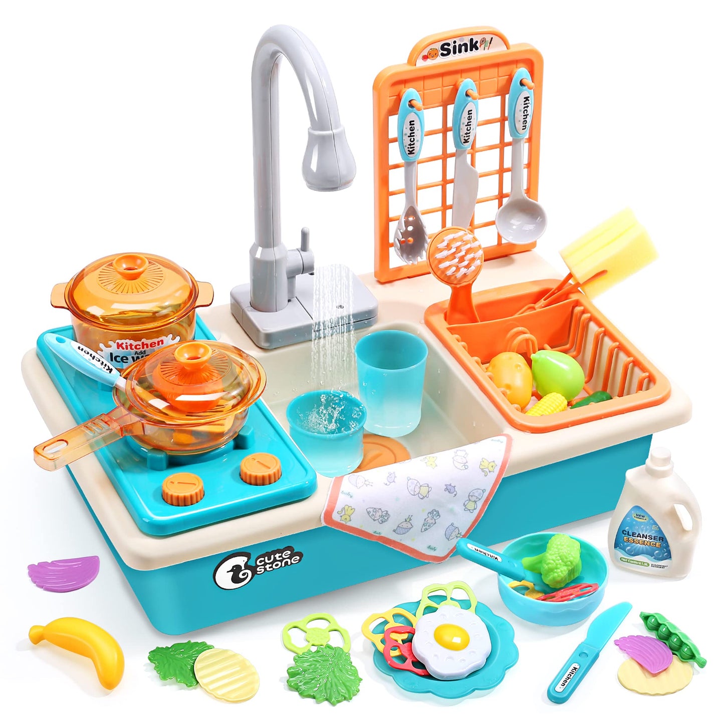 CUTE STONE Play Kitchen Sink Toy Set with Real Faucet – Color Changing Dishes, Stove & Cookware for Kids