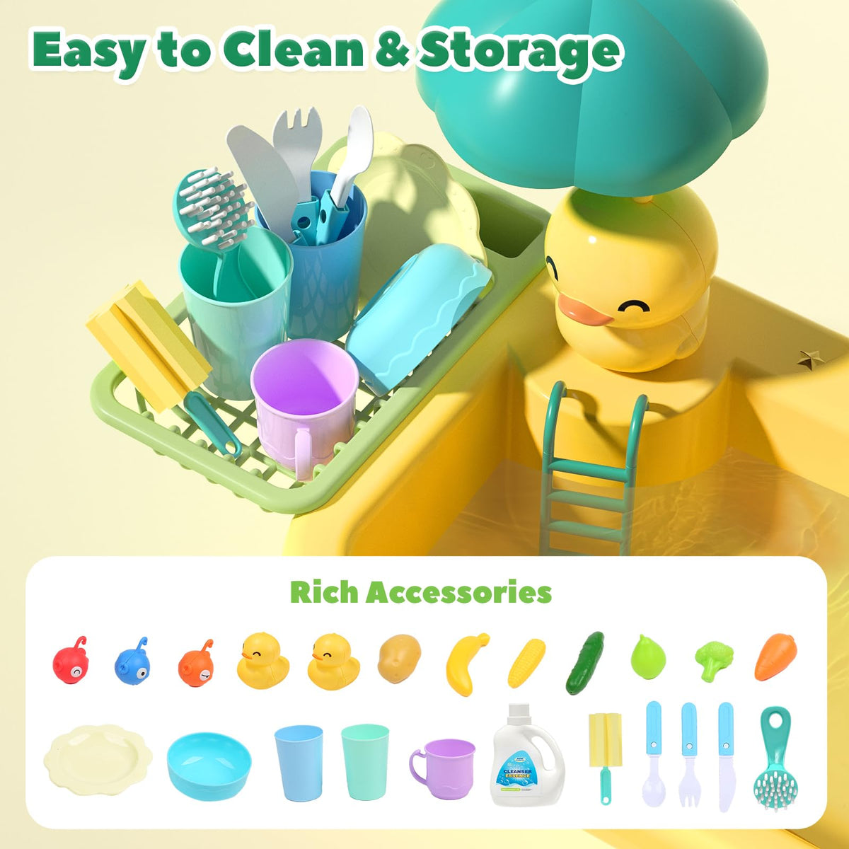 CUTE STONE Play Sink with Running Water – Kitchen Playset with Food, Utensils & Fishing Toys
