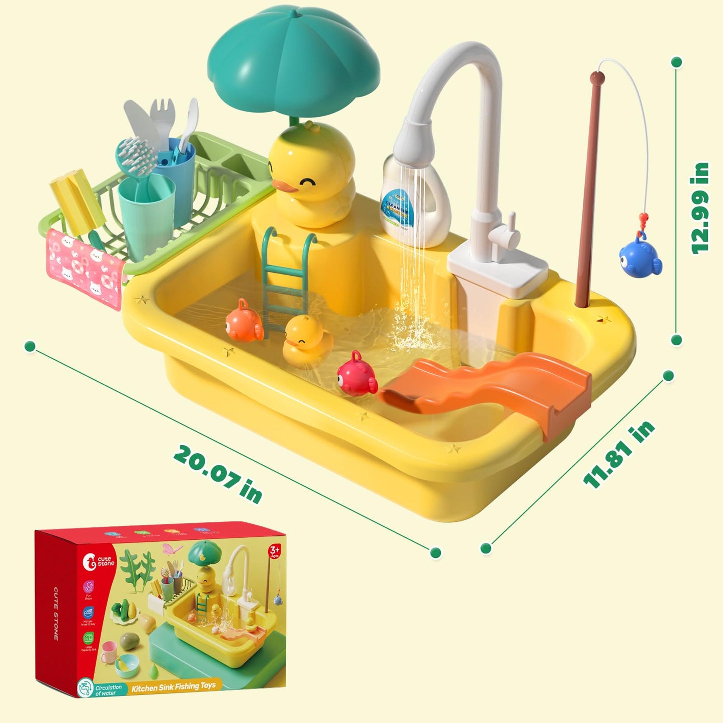 CUTE STONE Play Sink with Running Water – Kitchen Playset with Food, Utensils & Fishing Toys