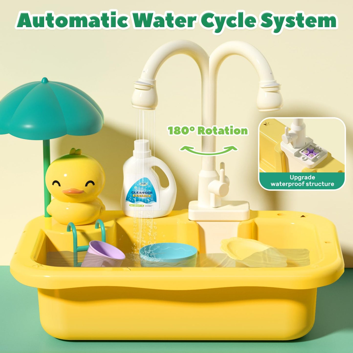 CUTE STONE Play Sink with Running Water – Kitchen Playset with Food, Utensils & Fishing Toys