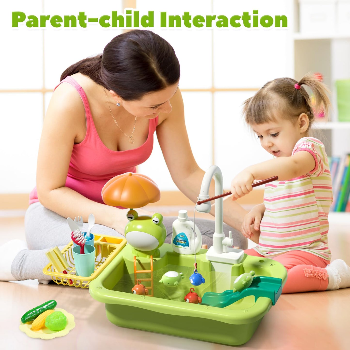 CUTE STONE Play Sink with Running Water – 2-in-1 Kitchen Toy with Upgraded Electric Faucet