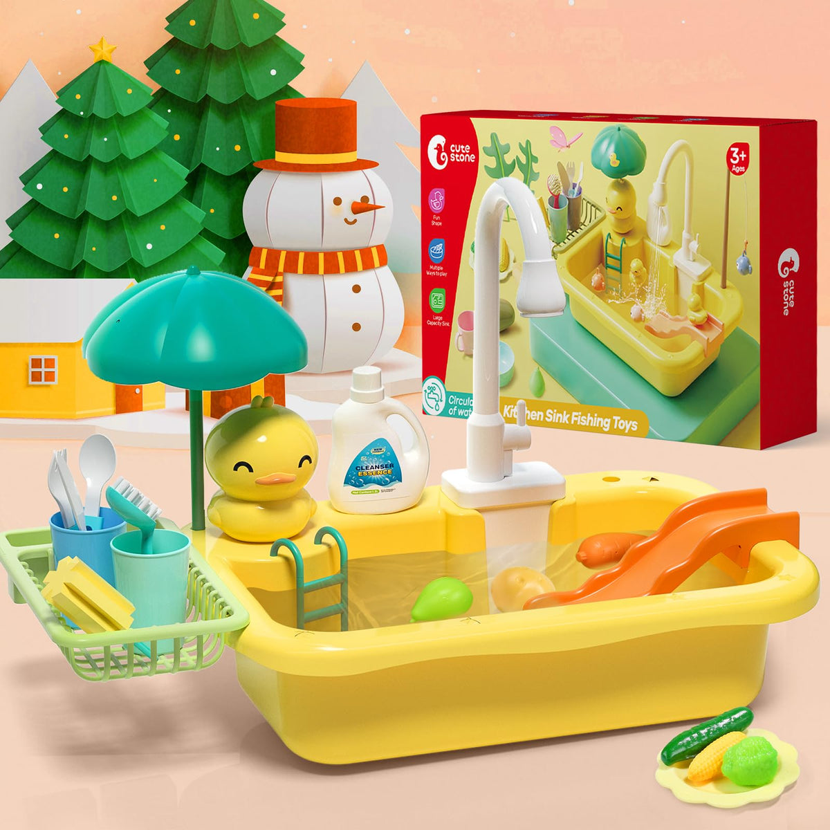 CUTE STONE Play Sink with Running Water – Kitchen Playset with Food, Utensils & Fishing Toys