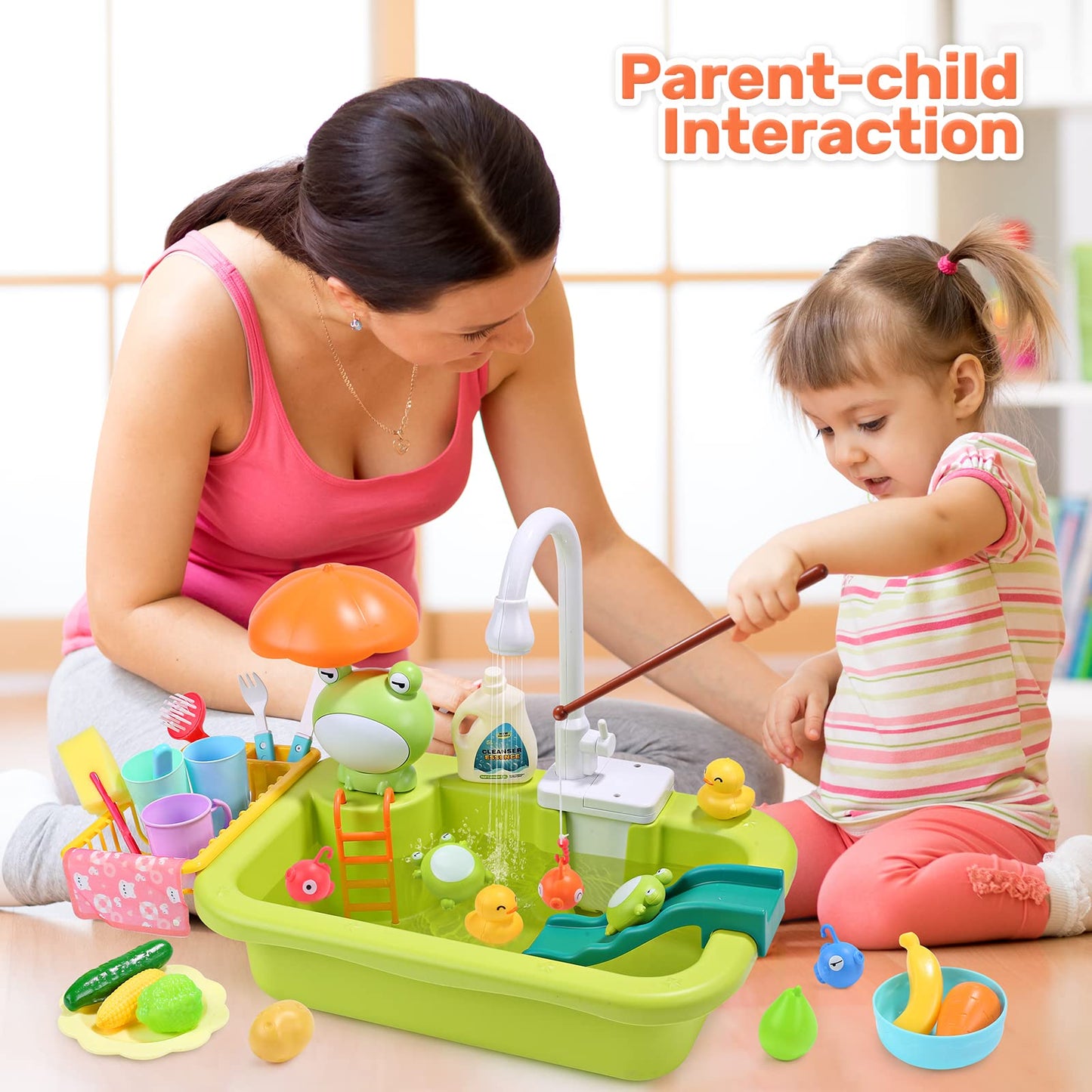 CUTE STONE Play Sink with Running Water – 2-in-1 Kitchen Toy with Upgraded Electric Faucet