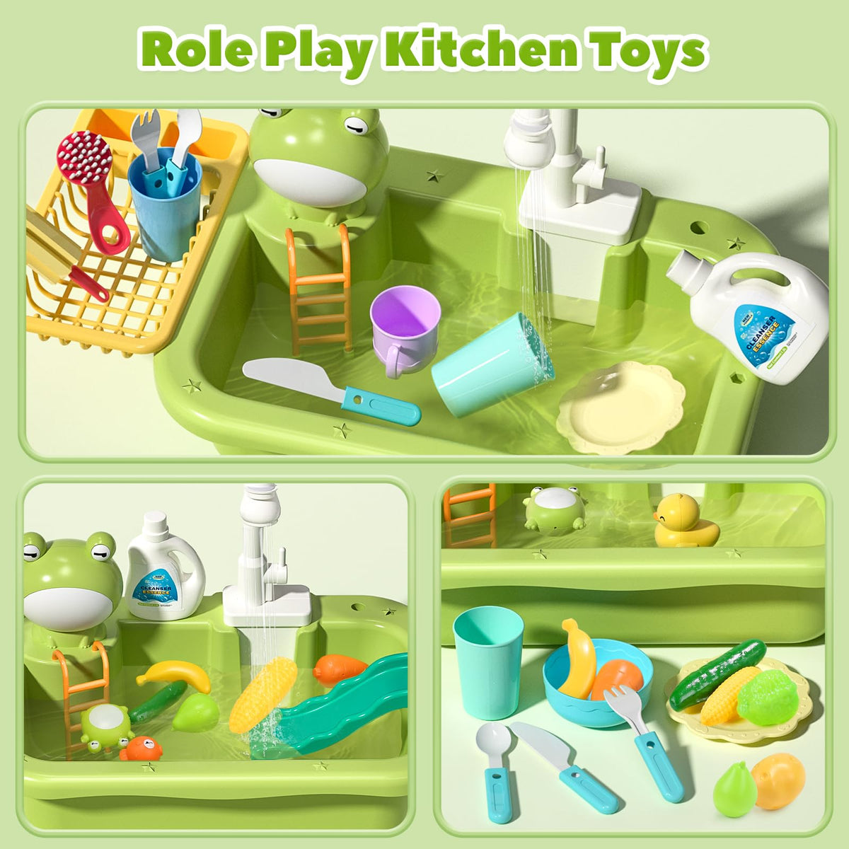 CUTE STONE Play Sink with Running Water – 2-in-1 Kitchen Toy with Upgraded Electric Faucet