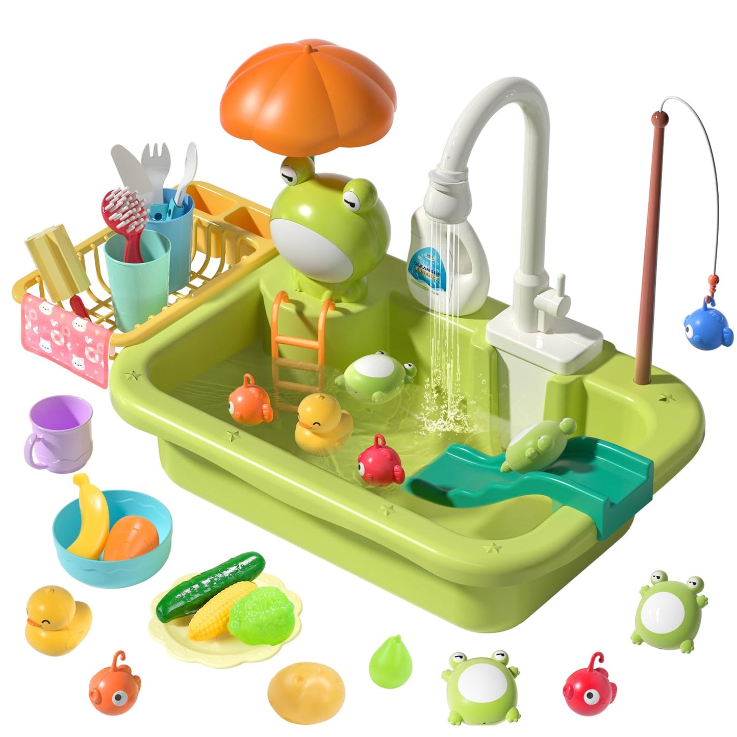 CUTE STONE Play Sink with Running Water – 2-in-1 Kitchen Toy with Upgraded Electric Faucet