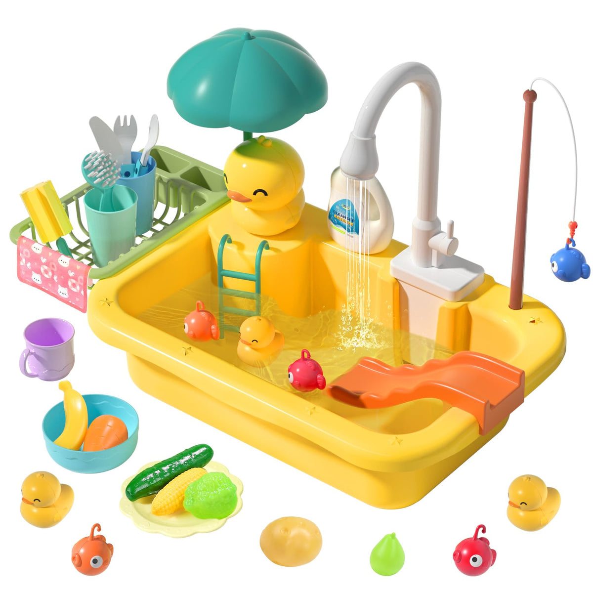 CUTE STONE Play Sink with Running Water – Kitchen Playset with Food, Utensils & Fishing Toys