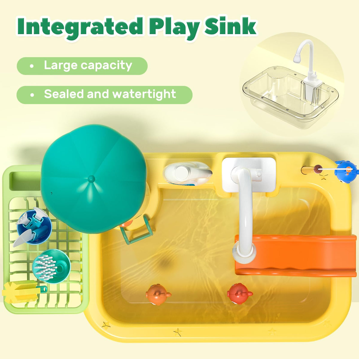 CUTE STONE Play Sink with Running Water – Kitchen Playset with Food, Utensils & Fishing Toys