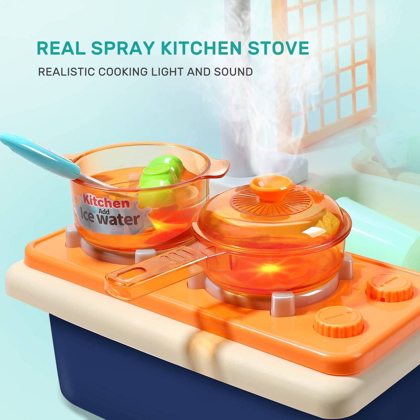 CUTE STONE Pretend Play Kitchen Sink Toys with Light & Sound Stove – Pot, Pan, and Accessories