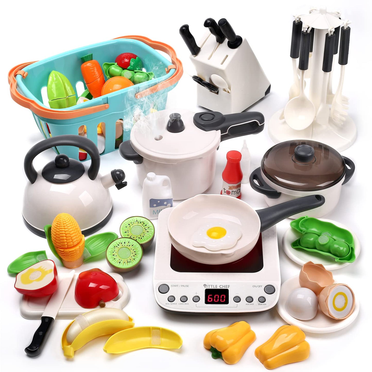 CUTE STONE Pretend Kitchen Toy with Steam Pressure Pot & Induction Cooktop