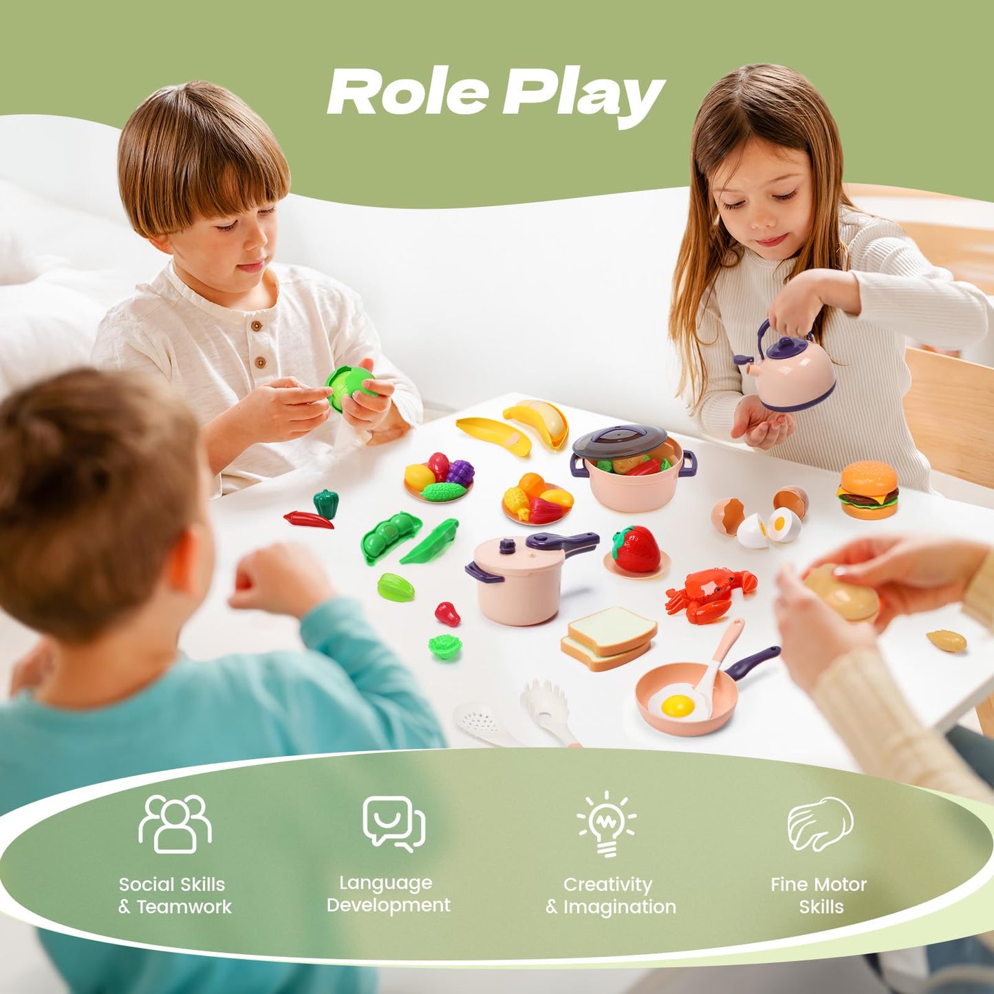 CUTE STONE 51-Piece Mini Play Kitchen Accessories for Kids | Pretend Cooking Set with Pots, Pans, Utensils & Fruits